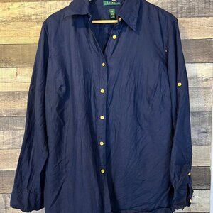 Lauren Ralph Lauren Navy Button Up Linen Shirt 1X Minimalist Quiet Luxury Preppy